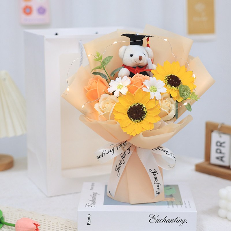 30cm6朵畢業熊香皂向日葵玫瑰(香檳),純花束（無提袋／無燈串）