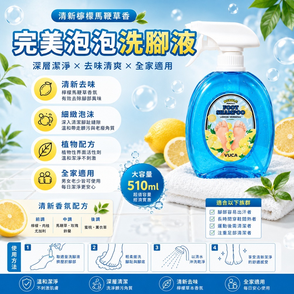VUCA Perfect Bubble 足部清潔露 510ml 韓國製造 檸檬香氛綿密泡沫 足部清潔 去除髒污 足部護理