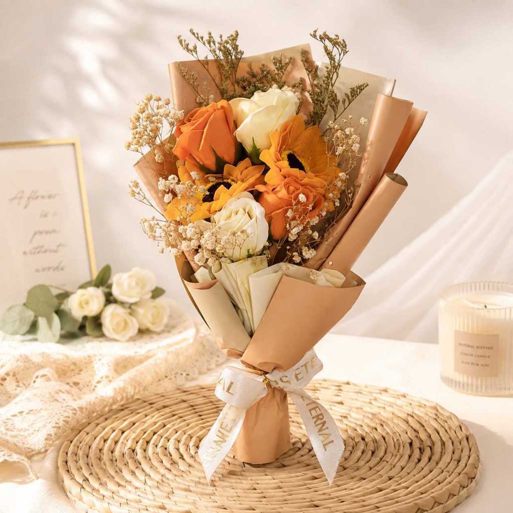 台灣現貨【30cm 6朵香皂玫瑰花束】6朵香皂玫瑰, 30cm香皂花束, 藍色玫瑰花束, 粉色玫瑰花束, 香檳向日葵花