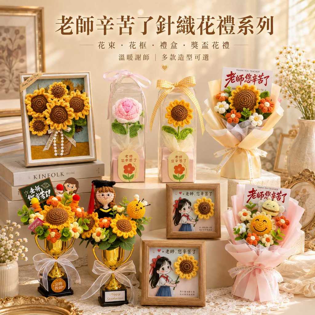 台灣現貨【老師辛苦了針織花禮系列】老師辛苦了, 教師節禮物, 謝師禮物, 針織花禮, 針織向日葵, 針織玫瑰禮盒, 老師