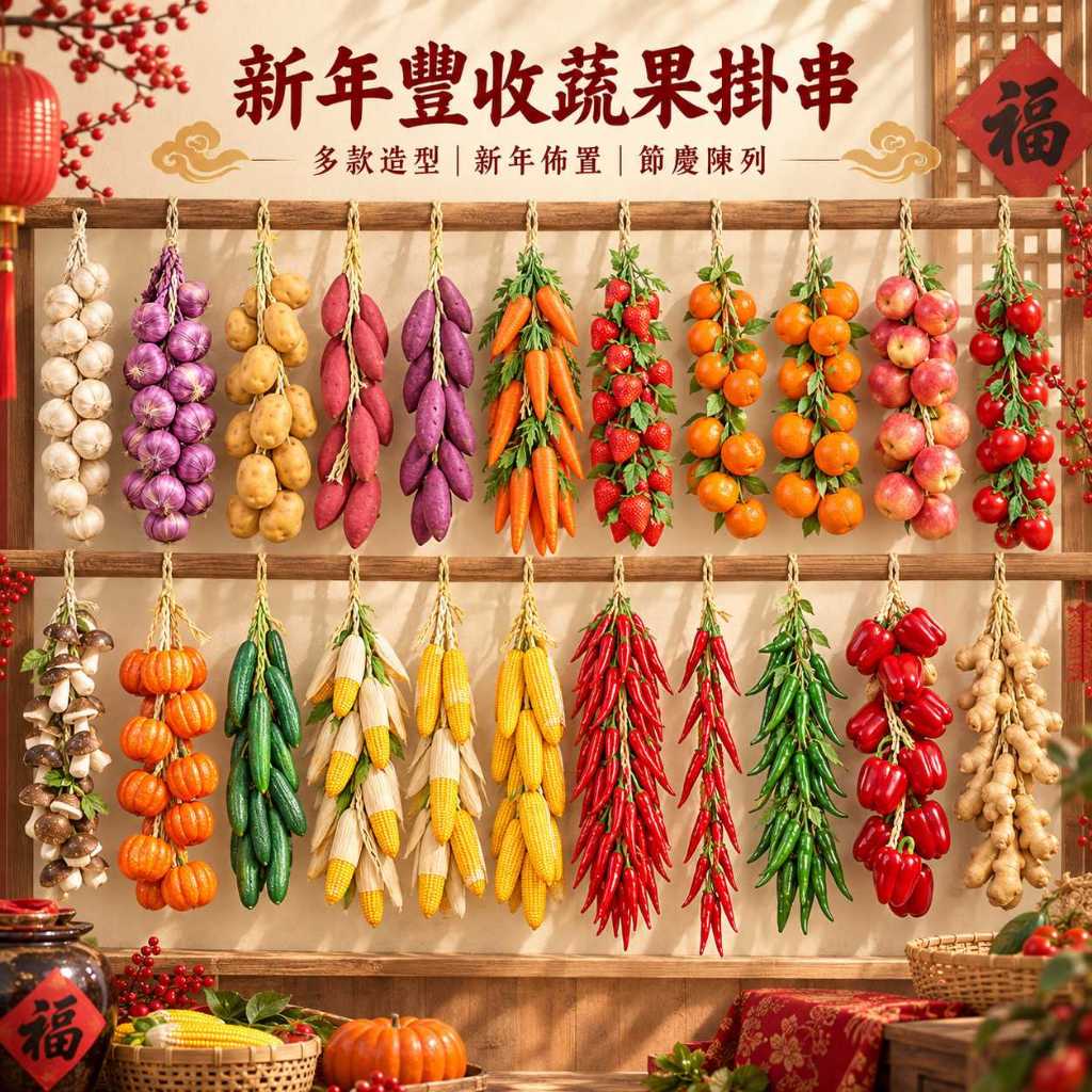 台灣現貨【新年豐收蔬果掛串】新年蔬果掛串, 仿真蔬果串, 仿真蔬菜串, 仿真水果串, 仿真玉米串, 仿真辣椒串, 仿真大