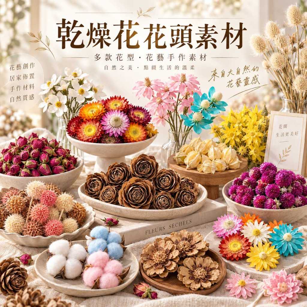 台灣現貨【乾燥花花頭素材】乾燥花花頭, 木玫瑰, 麥桿菊, 千日紅, 永生刺芹, 索拉花, 草莓果, 木槿果殼, 棉花花