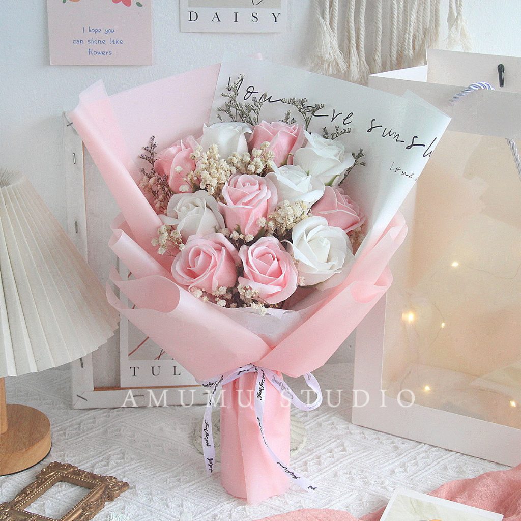 30cm11朵玫瑰花束（粉色／粉包）,純花束（無提袋／無燈串）