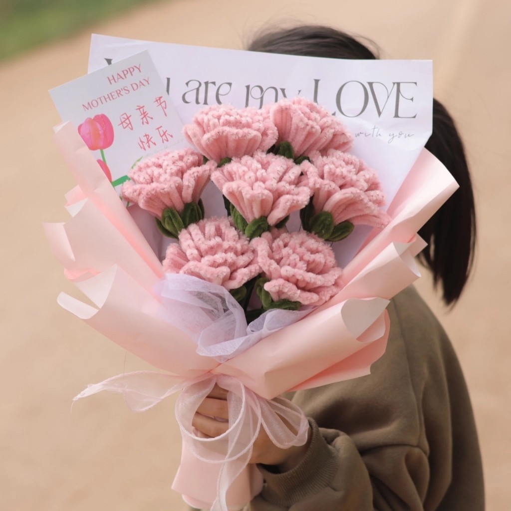 35cm7朵毛根康乃馨花束（粉色）,純花束（無提袋／無燈串）