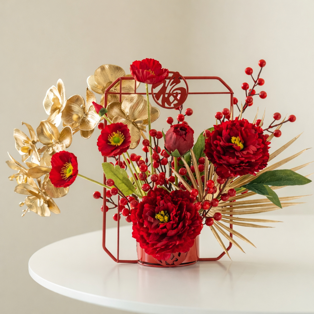 台灣現貨【福字鐵架桌花】新年開運紅金花藝擺飾 玄關櫃檯收銀台佈置 喬遷開幕祝賀 三款