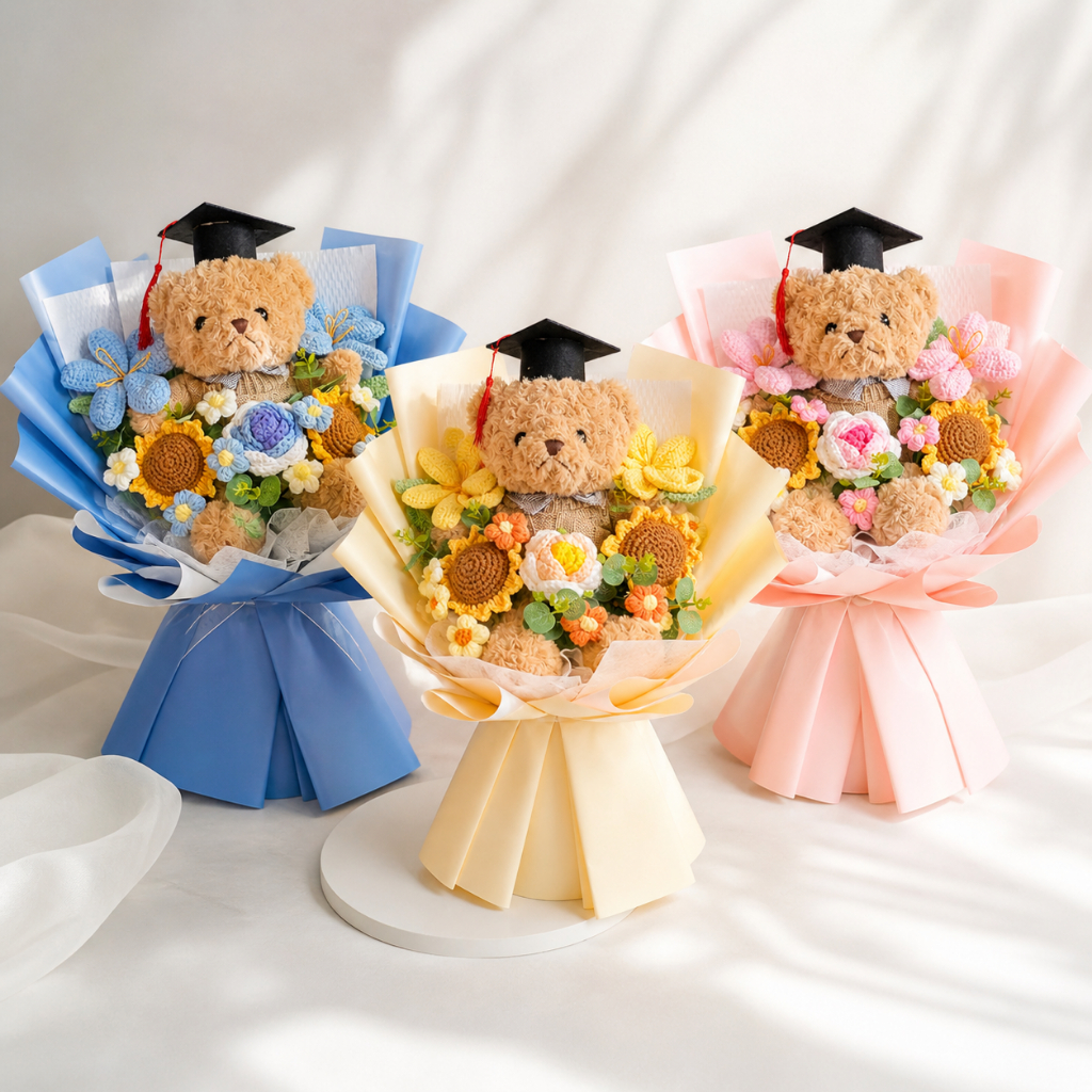 台灣現貨【畢業熊向日葵花束】50cm百合向日葵畢業季祝福花禮 粉色藍色香檳可選 典禮合照送同學老師 櫥窗提袋燈串可選