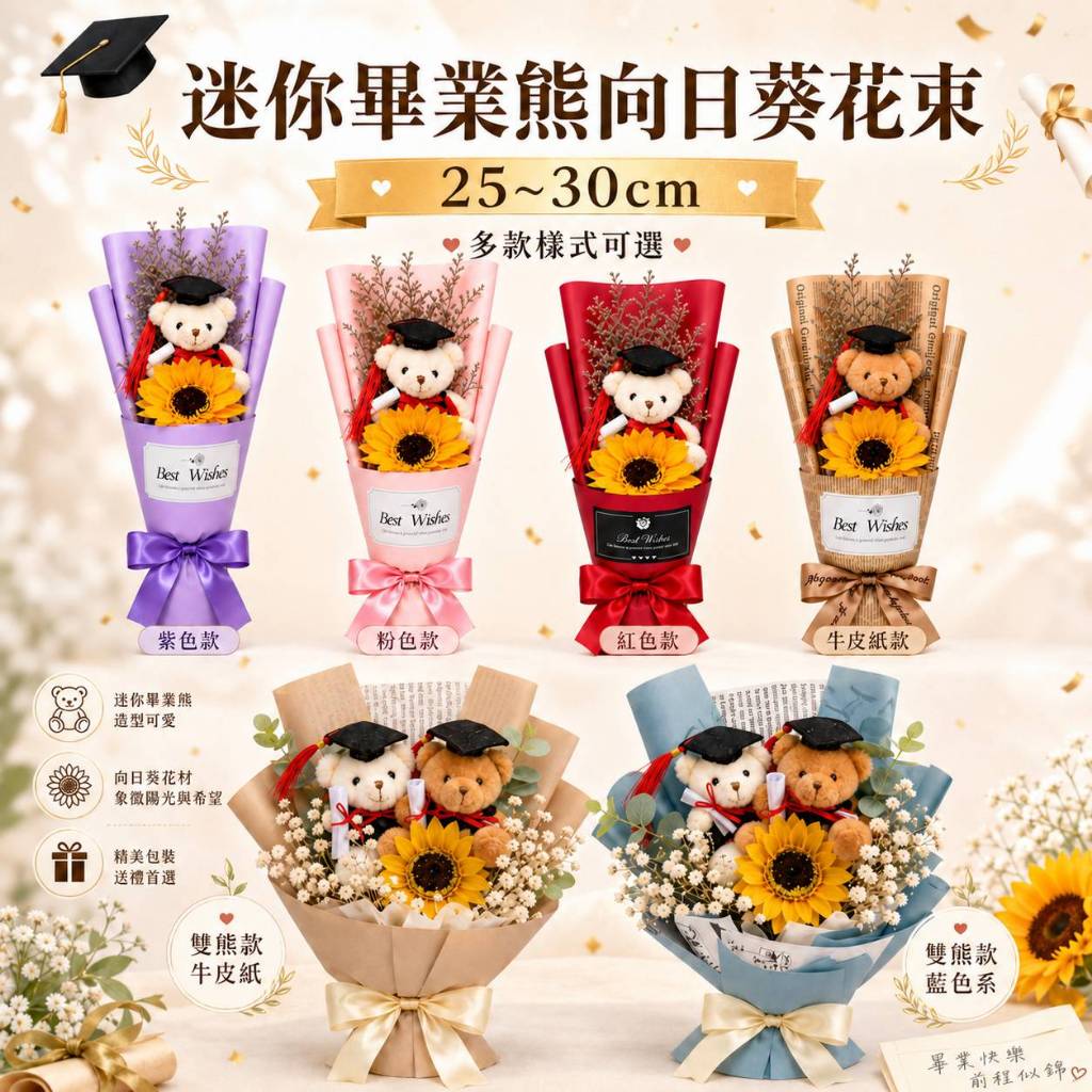 台灣現貨【迷你畢業熊向日葵花束】25~30cm乾燥花滿天星雙熊款 畢業季 迷你畢業熊花束 向日葵花束 乾燥花 滿天星花束