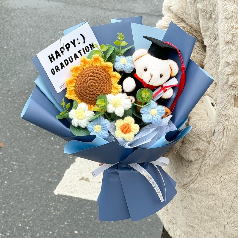 35cm向日葵＋英文坐姿畢業白熊(藍色),純花束（無提袋／無燈串）