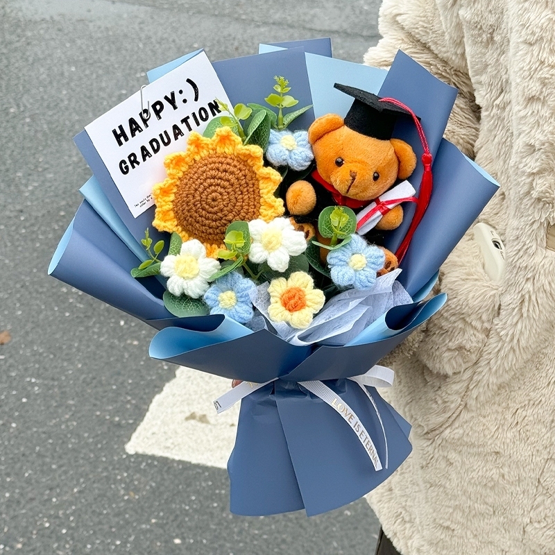 35cm向日葵＋英文坐姿畢業棕熊(藍色),純花束（無提袋／無燈串）