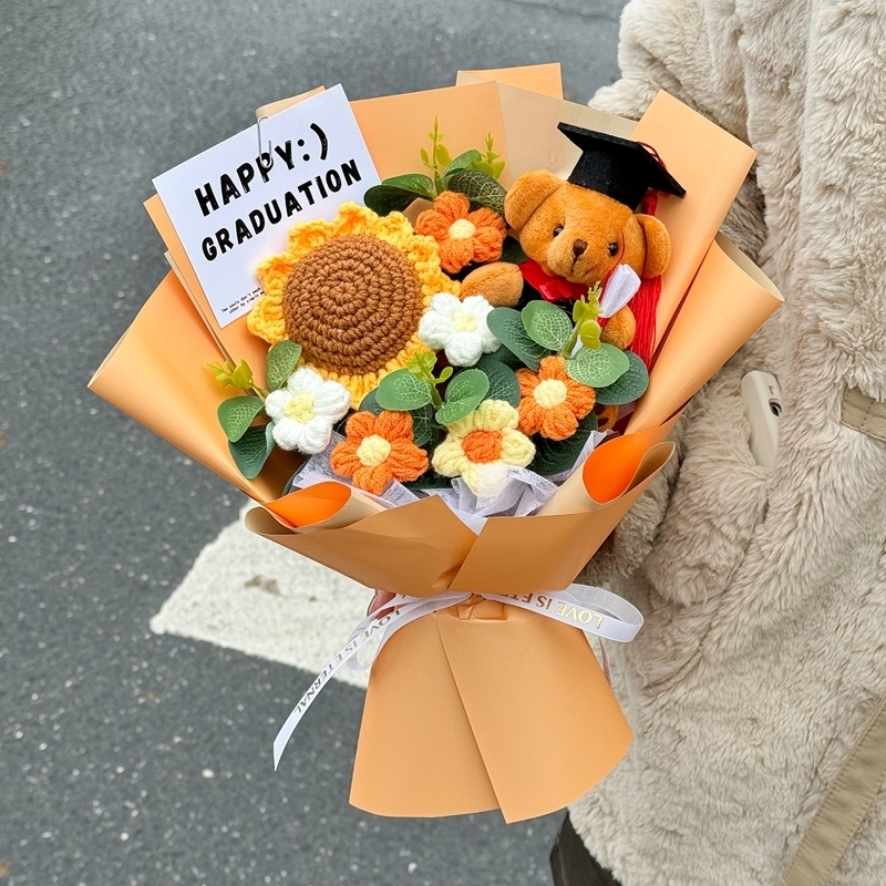 35cm向日葵＋英文坐姿畢業棕熊(香檳),純花束（無提袋／無燈串）