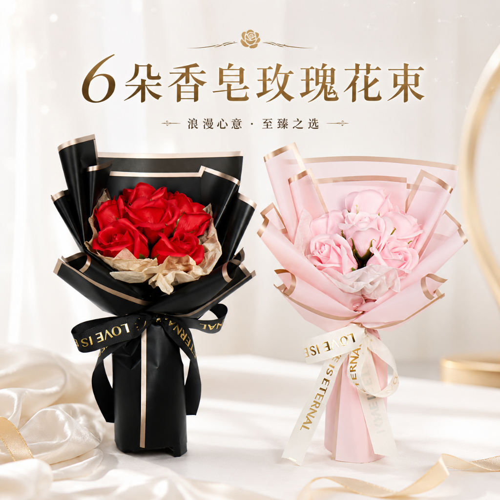 台灣現貨【35cm6朵香皂玫瑰花束】黑色粉色包裝可選 浪漫花禮 香皂玫瑰花束, 6朵玫瑰花束, 35cm花束, 香皂花束