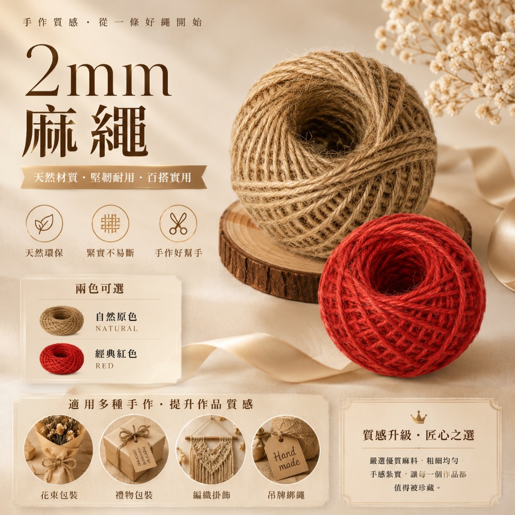 台灣現貨【2mm麻繩】原色紅色25m手作包裝繩 包裝繩, 禮盒綁繩, 花束綁繩, 吊牌繩, DIY手作材料, 乾燥花包裝
