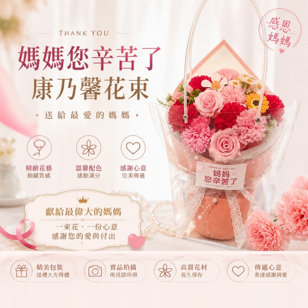 台灣現貨【媽媽您辛苦了康乃馨花束】40cm媽媽您辛苦了, 康乃馨花束, 40cm康乃馨, 母親節花束, 母親節禮物