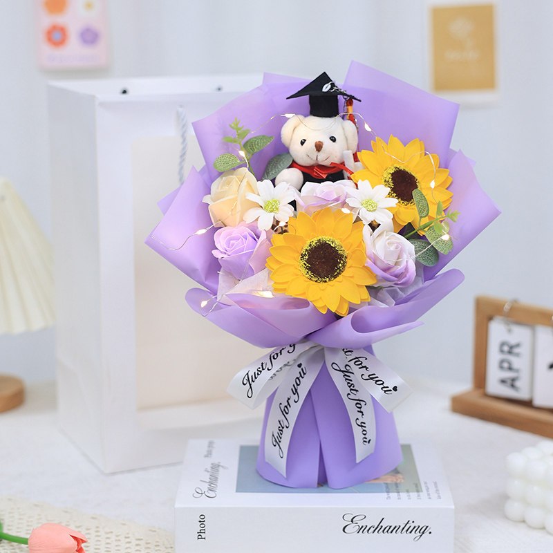 30cm6朵畢業熊香皂向日葵玫瑰(紫色),純花束（無提袋／無燈串）