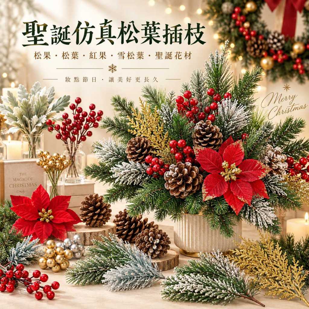 台灣現貨【聖誕仿真松葉插枝】諾貝松松針紅果金果白霜雪花 花圈花藝手作 佈置材料多款 花藝材料 花圈藤圈 DIY 聖誕佈置