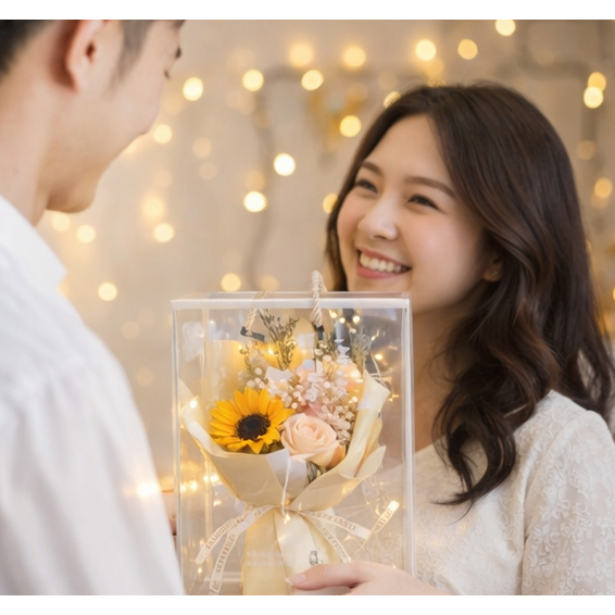 台灣現貨【禮盒花束】25cm向日葵康乃馨花束 透明禮盒燈串 生日情人節母親節送禮花禮 母親節花束 送媽媽 生日禮物