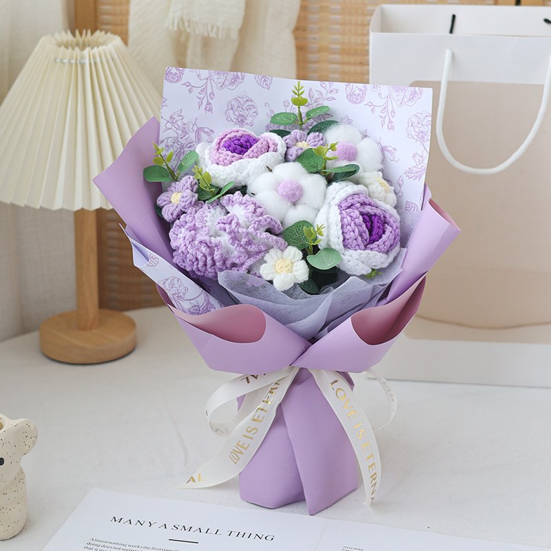 35cm五朵康乃馨玫瑰棉花雛菊花束(紫),純花束（無提袋／無燈串）
