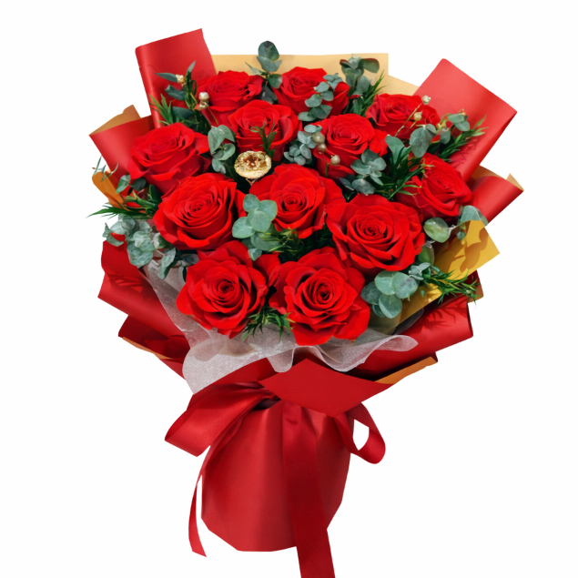 35cm12朵特級永生玫瑰花束（紅色）,純花束（無提袋／無燈串）