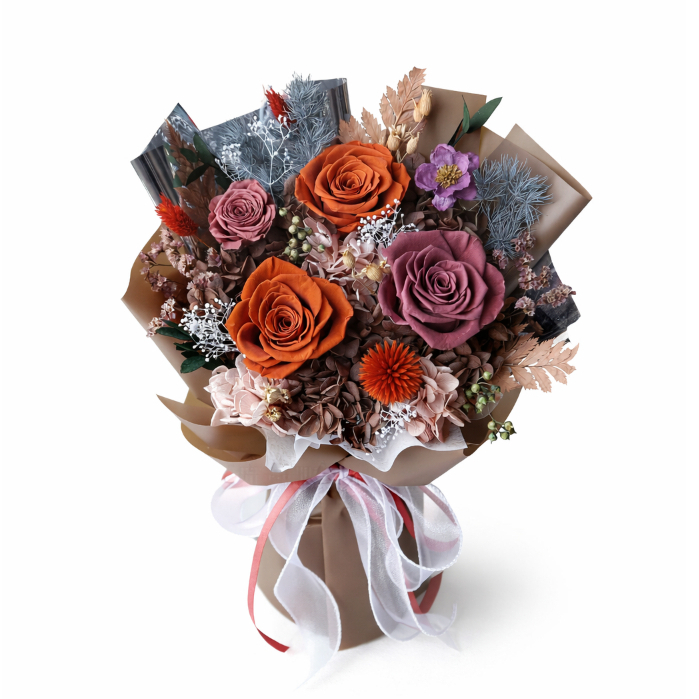 35cm4朵永生玫瑰花束（琥珀）,純花束（無提袋／無燈串）
