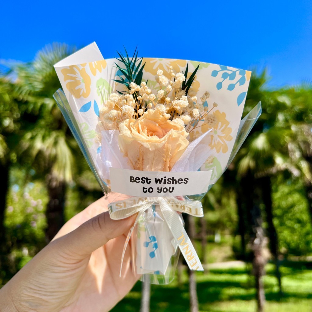台灣現貨【永生玫瑰花束】15cm單支香檳粉色紅色藍色永生玫瑰 情人節母親節花束 生日禮物 透明提袋燈串 拍照花束小花禮