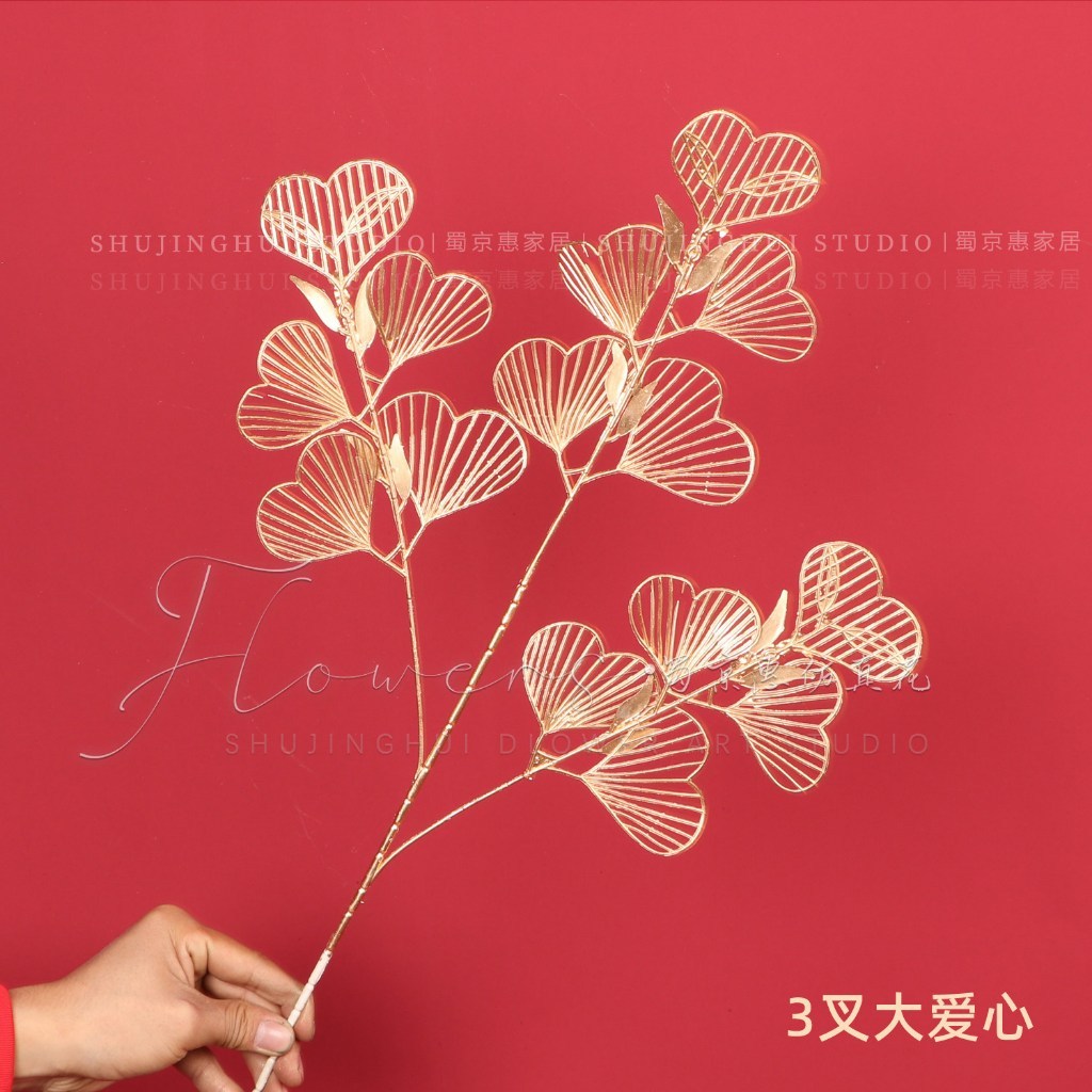 台灣現貨【金色仿真葉材】新年插花盆栽裝飾 金漆風格枝材 可彎折造型 花藝佈置 單支 花藝材料 新年佈置