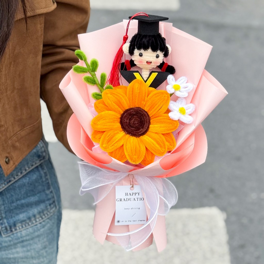 30cm單支毛根向日葵＋畢業女孩（粉色）,純花束或土盆（無提袋／無燈串）