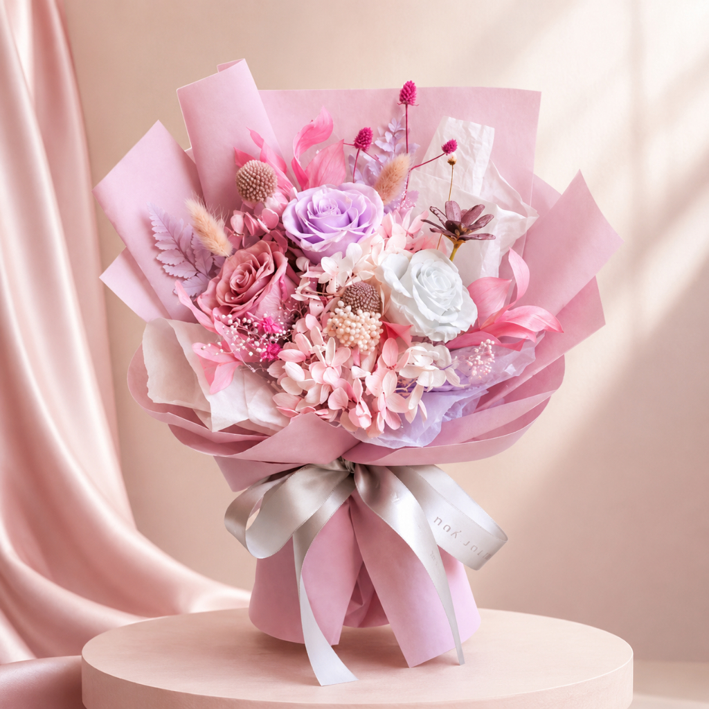 台灣現貨【30cm三朵永生玫瑰花束】永生玫瑰花束, 三朵玫瑰花束, 30cm花束, 永生花花束, 情人節花禮, 生日送禮
