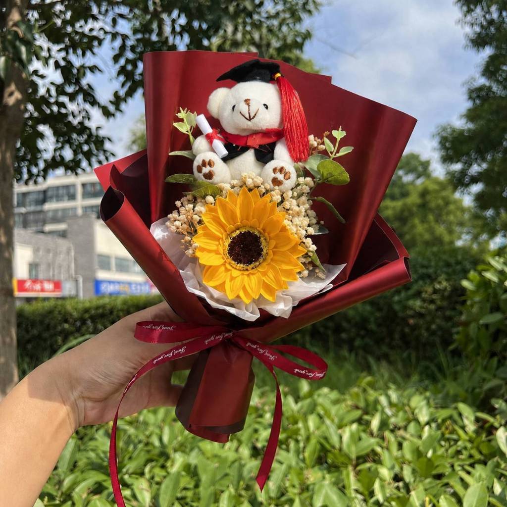 30cm坐姿畢業熊＋向＋滿天星（紅色）,純花束（無提袋／無燈串）