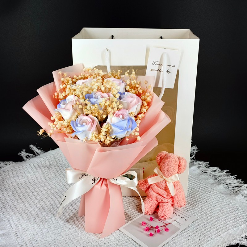 30cm7朵雙色粉玫瑰花束,純花束（無提袋／無燈串）