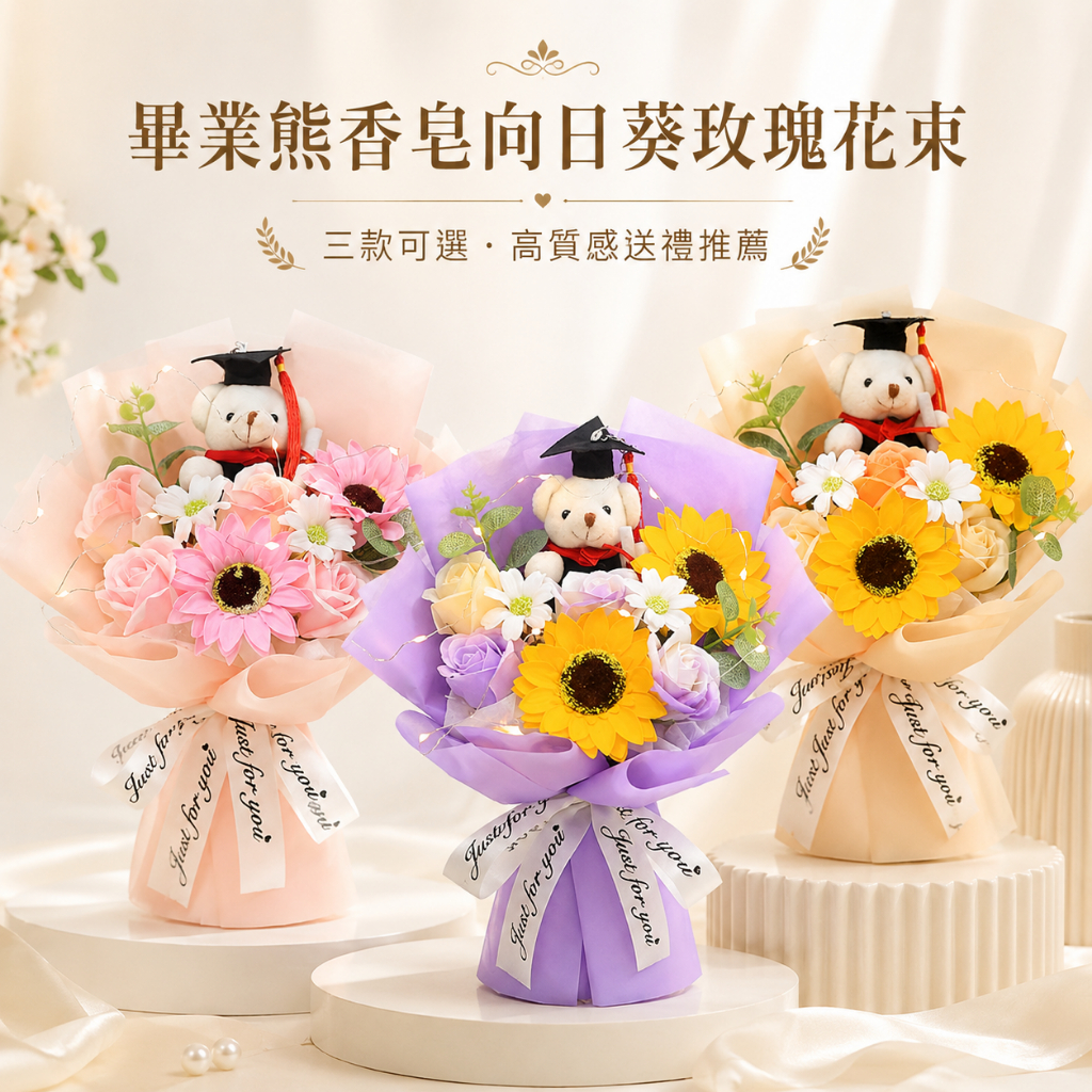 台灣現貨【畢業熊香皂向日葵玫瑰花束】30cm畢業熊花束, 香皂向日葵花束, 香皂玫瑰花束, 30cm畢業花束, 6朵花束