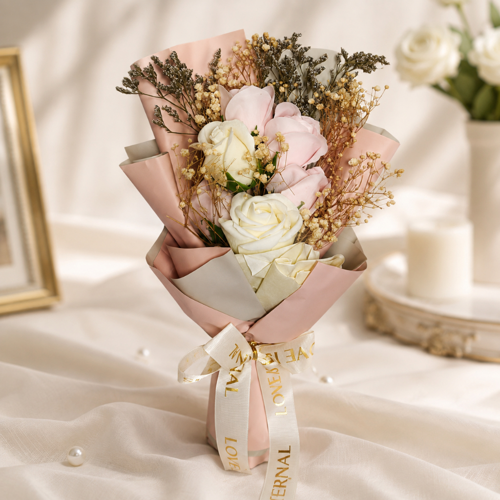 30cm6朵香皂玫瑰(粉色),純花束（無提袋／無燈串）