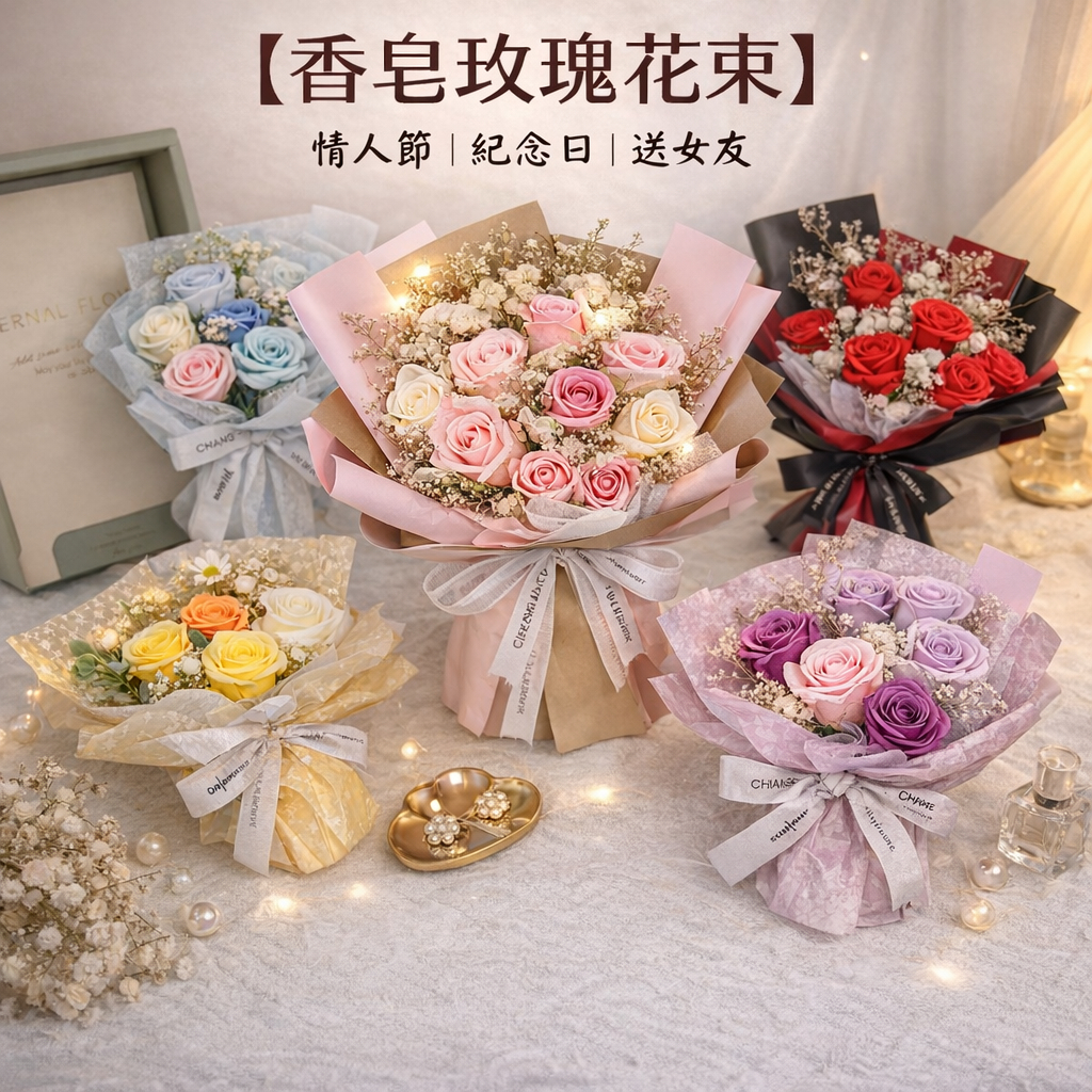 台灣現貨【永生香皂玫瑰花束】情人節紀念日告白送女友 乾燥風禮盒提袋 浪漫收藏 情人節花束 生日禮物