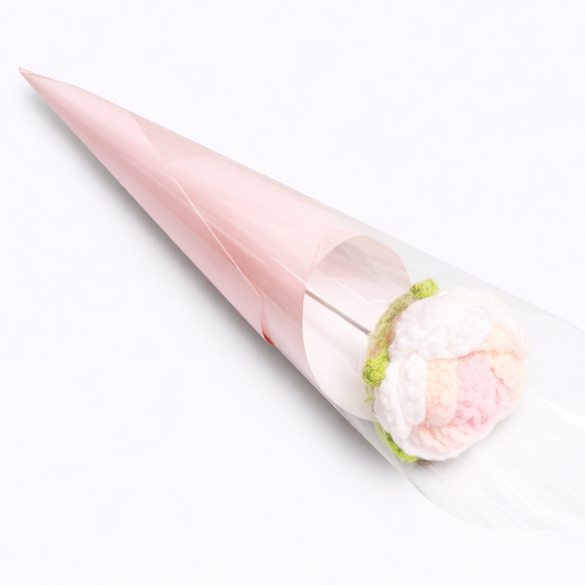 台灣現貨【針織玫瑰花束】40cm單支毛線玫瑰情人節生日母親節花套捲筒透明提袋LED燈條包裝小花禮 母親節花束 送媽媽 生