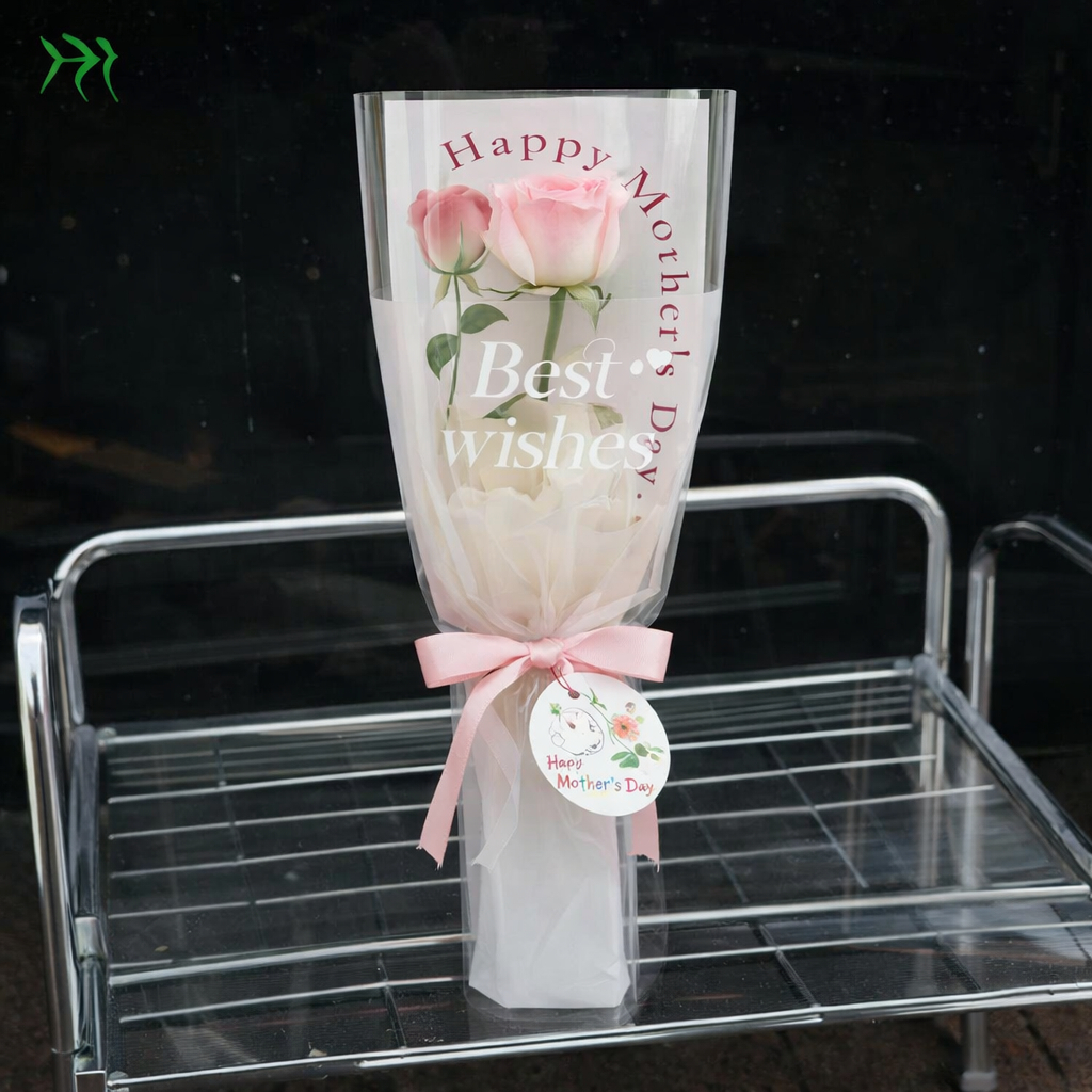 台灣現貨【母親節玫瑰花套】48cm粉白英文透明花袋包裝組 1份20套 花束外袋 防水藝術紙 送禮包裝 花店包材