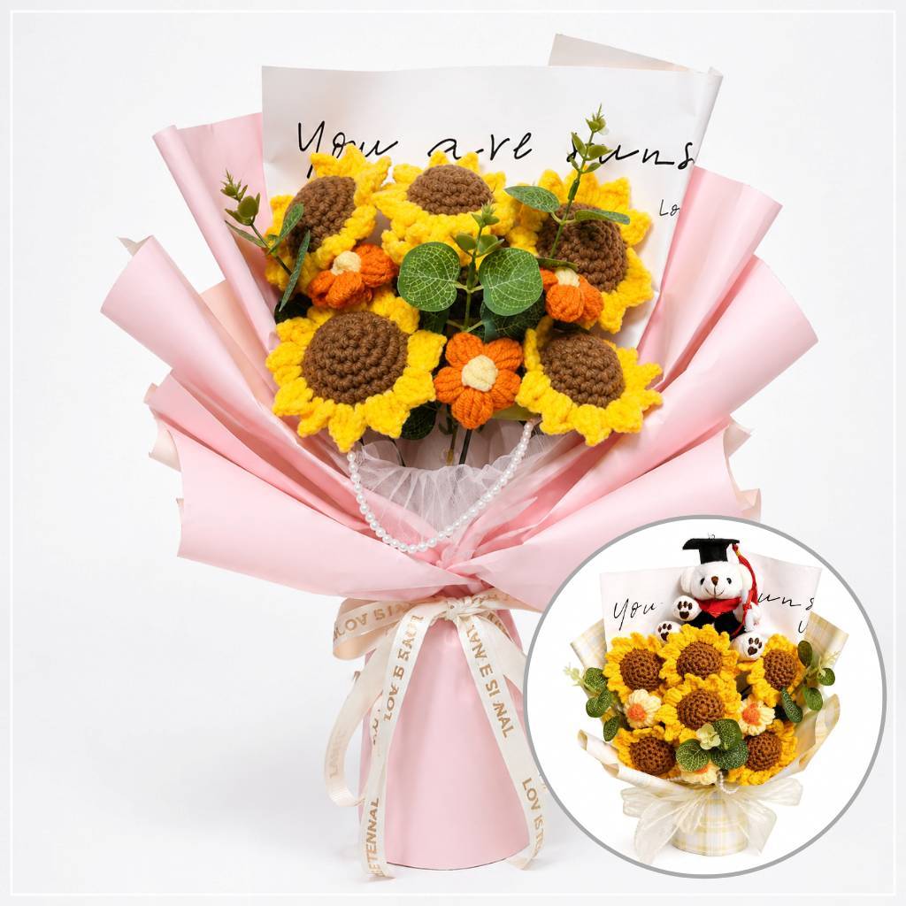 【向日葵雛菊花束】35cm三朵六朵香檳格紋英文包裝祝福花禮 畢業季生日送禮 畢業坐熊提袋燈串可選