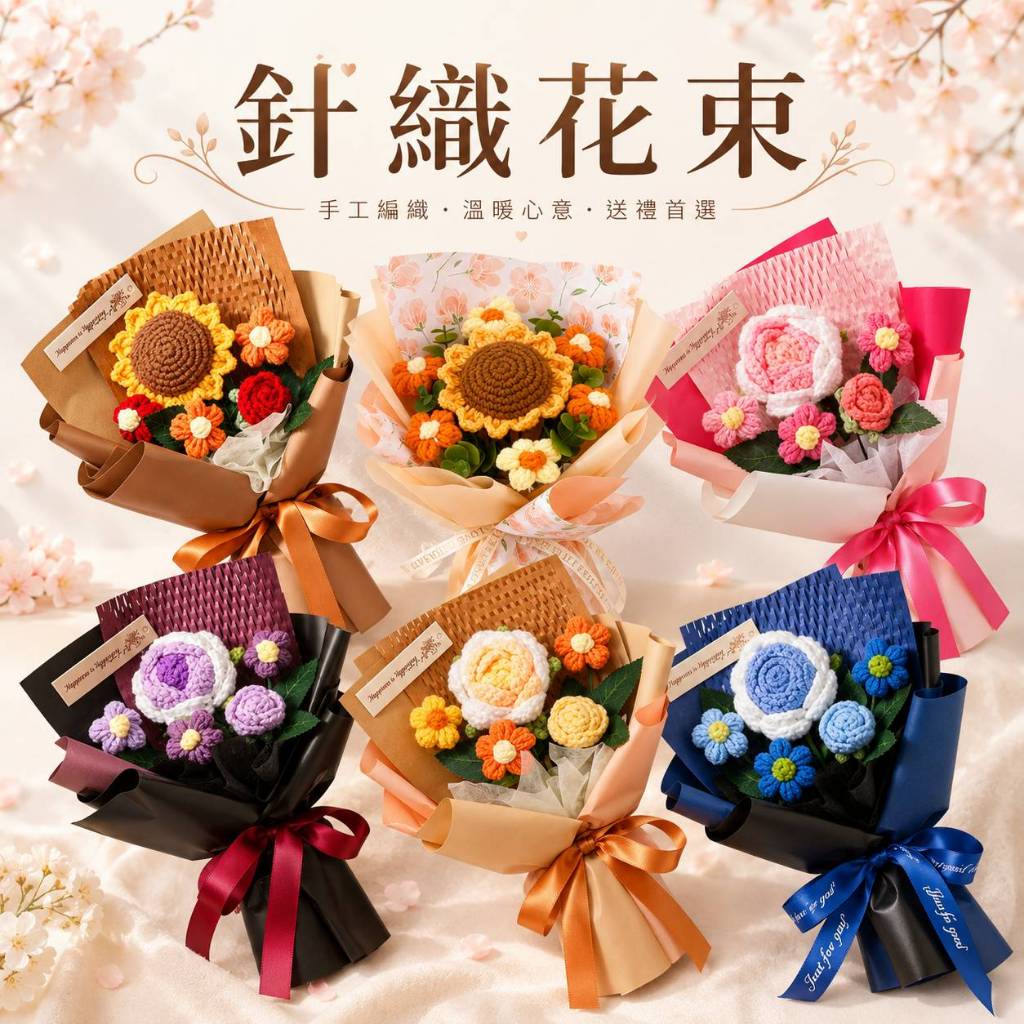 台灣現貨【針織花束】手作鉤織不凋花束 向日葵玫瑰款 送禮即用 提袋與LED燈條 生日禮物