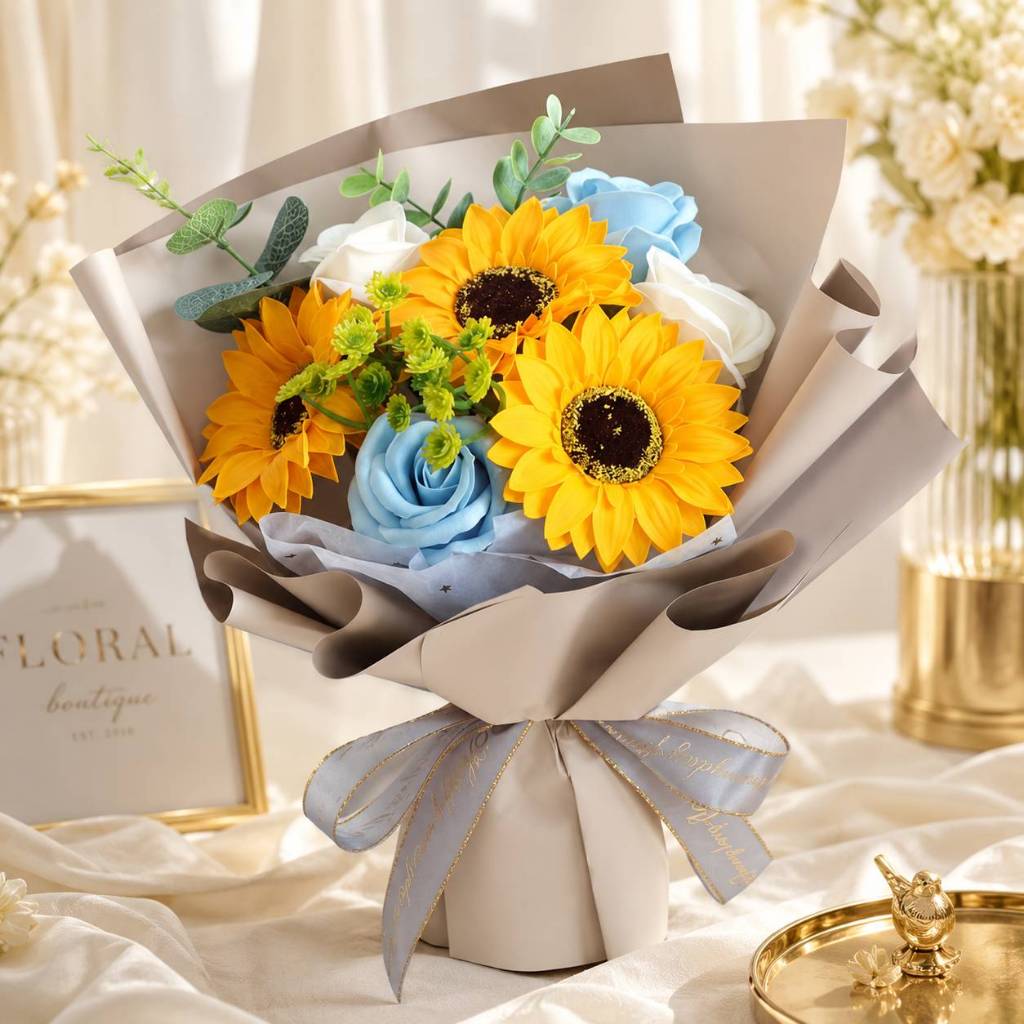 台灣現貨【向日葵玫瑰花束】30~45cm向日葵玫瑰混搭畢業花束 生日禮物 向日葵花束 玫瑰花束 仿真花束 畢業花束