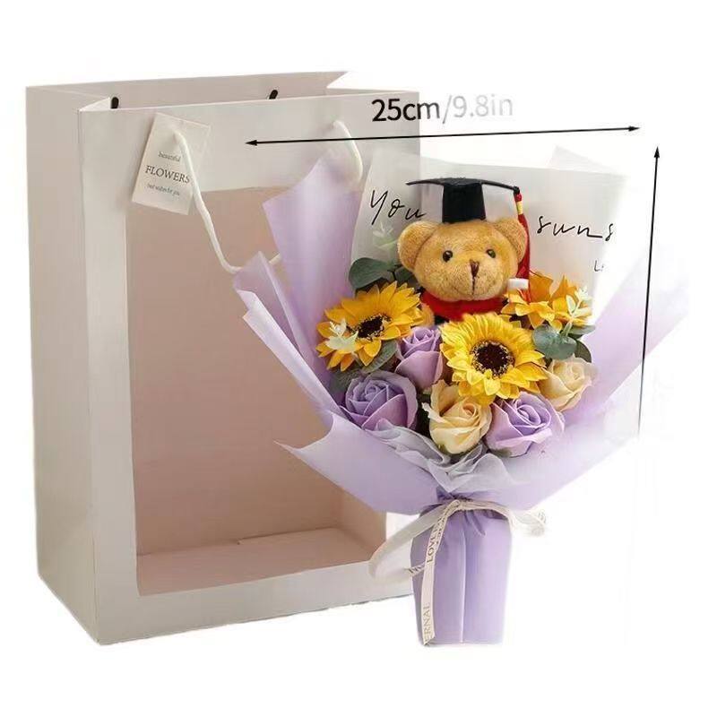 30cm香皂向日葵花束+畢業熊(紫色),純花束（無提袋／無燈串）