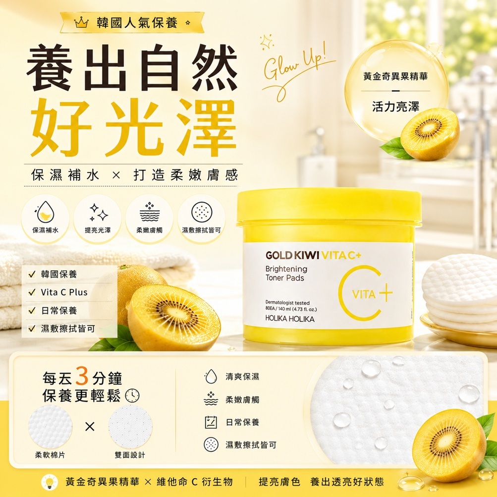 HOLIKA HOLIKA 黃金奇異果維他命C Plus亮白護膚棉片(80片)
