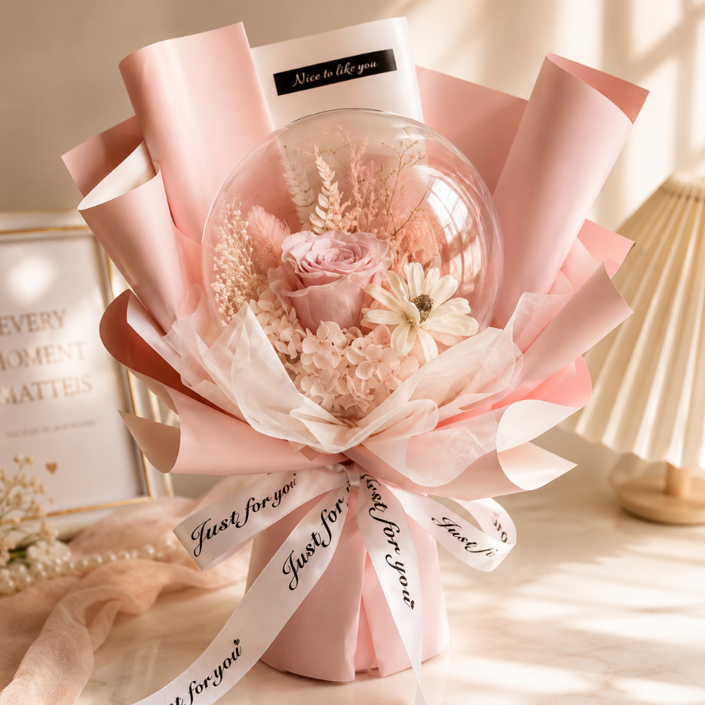 35cm永生玫瑰球殼花束(粉色),純花束（無提袋／無燈串）
