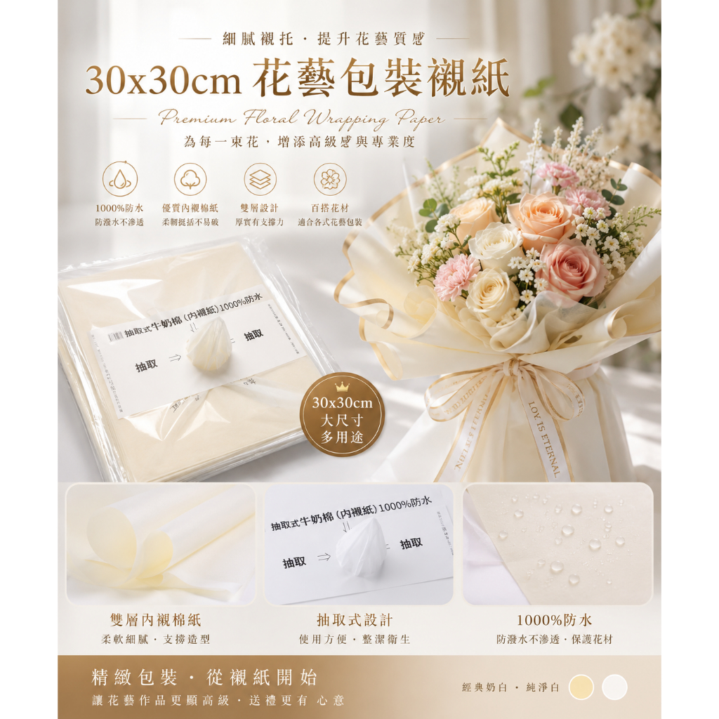 台灣現貨【30x30cm花藝包裝襯紙】牛奶棉30x30cm包裝紙, 花藝包裝紙, 花束襯紙, 禮盒襯紙, 白色包裝紙