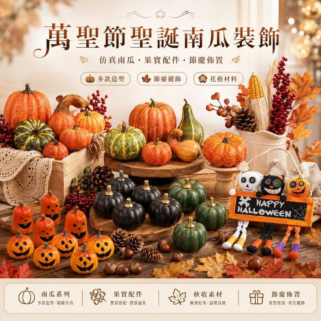台灣現貨【萬聖節聖誕南瓜裝飾】萬聖節南瓜裝飾, 聖誕南瓜裝飾, 鬼臉南瓜, 仿真南瓜, 黑色南瓜, 金色南瓜, 松果南瓜