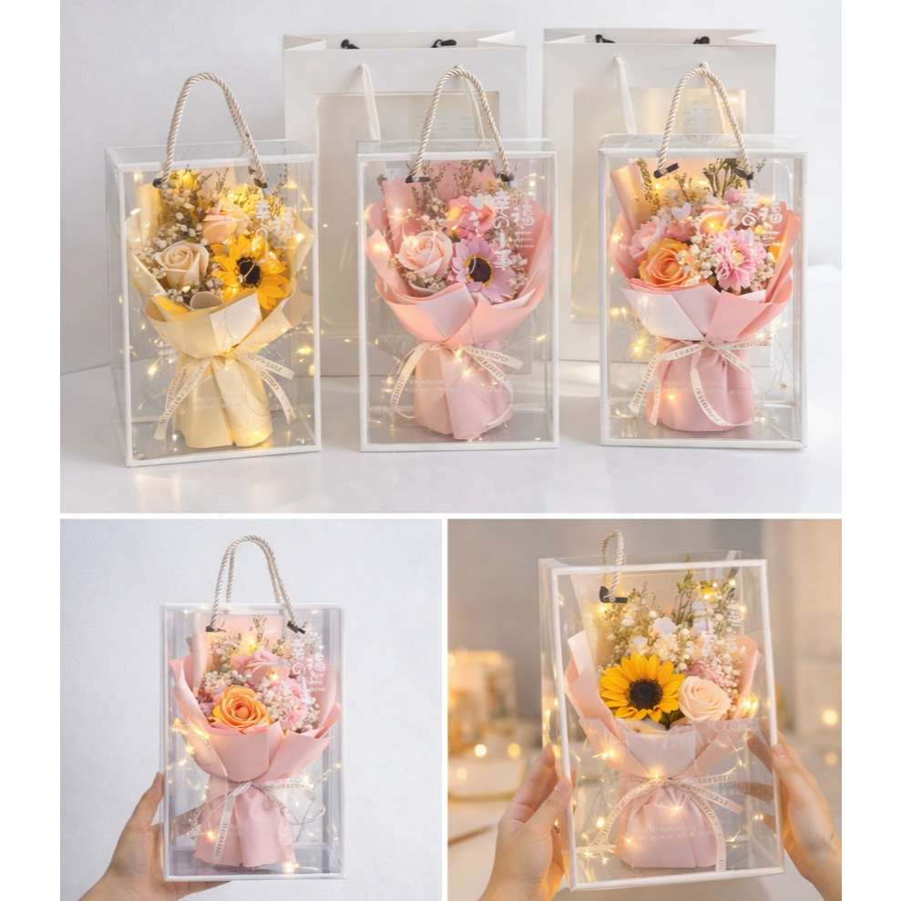 台灣現貨【禮盒花束】25cm向日葵康乃馨花束 透明禮盒燈串 生日情人節母親節送禮花禮 母親節花束 送媽媽 生日禮物