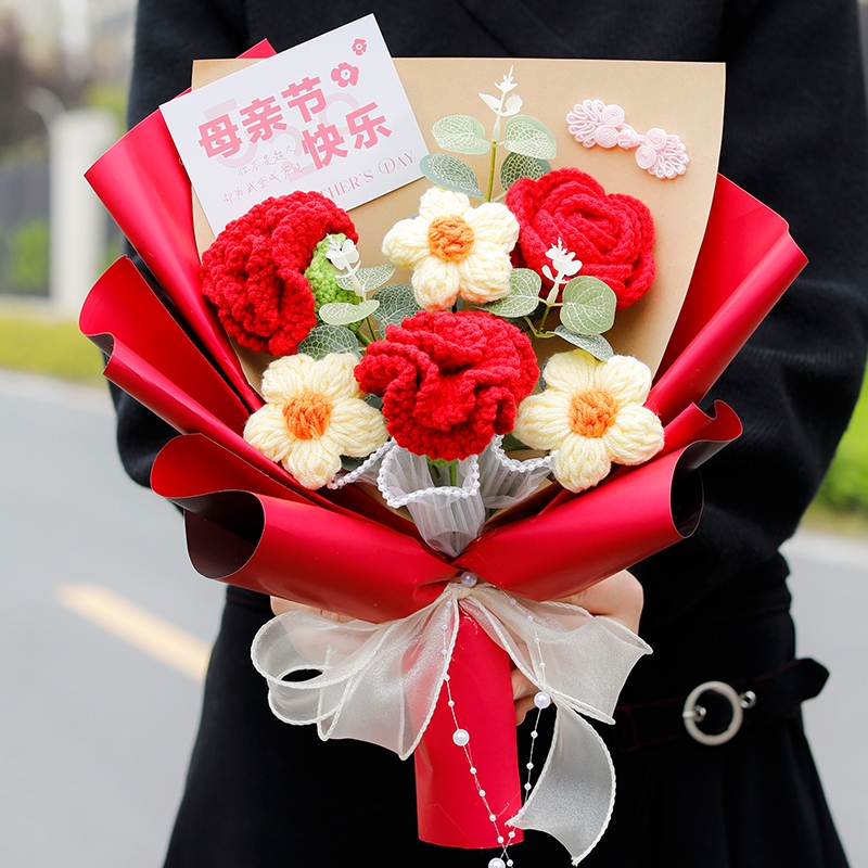 35cm六朵康乃馨玫瑰雛菊花束(紅)