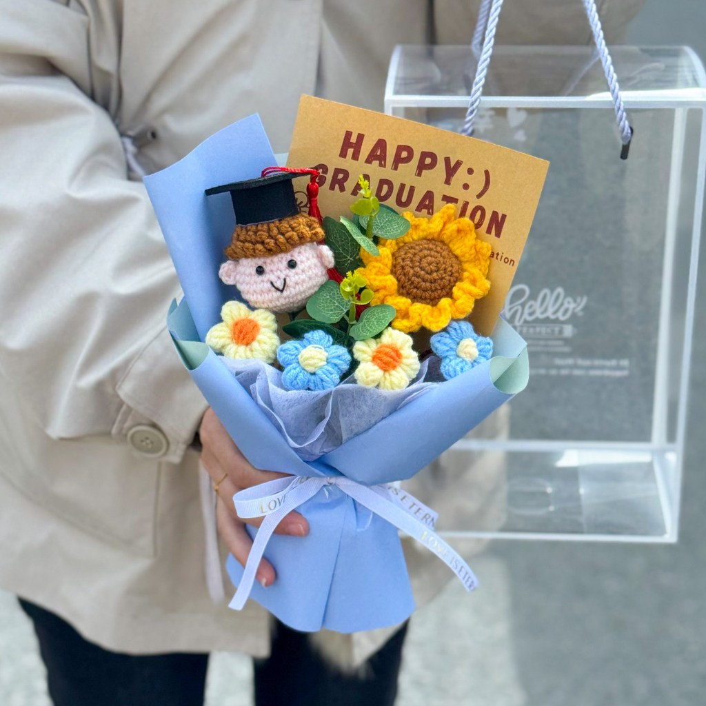 30cm向日葵雛菊（畢業男孩｜藍色包裝）,純花束（無禮盒／無燈串）