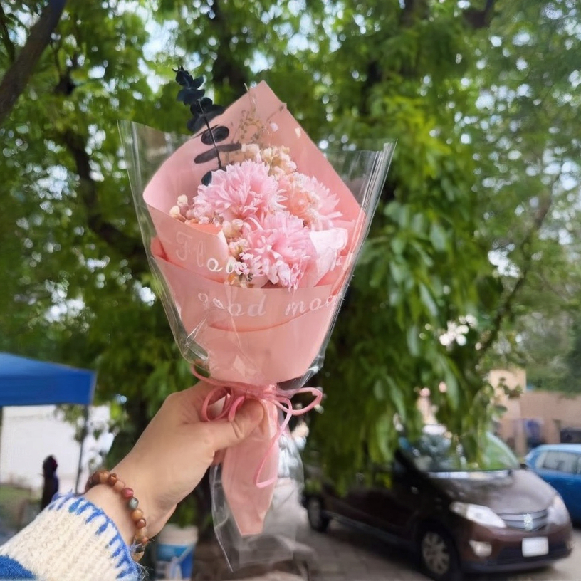 35cm三朵康乃馨（粉）,純花束（無提袋／無燈串）
