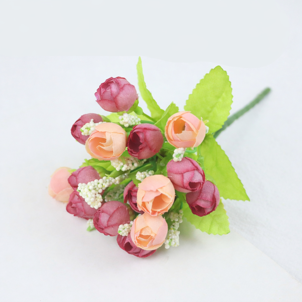 台灣現貨【仿真茶苞玫瑰】20cm15頭春色小茶苞仿真玫瑰花材 插花花圈 婚禮拍攝道具 居家佈置 夕陽玫紅紫白 花藝材料 