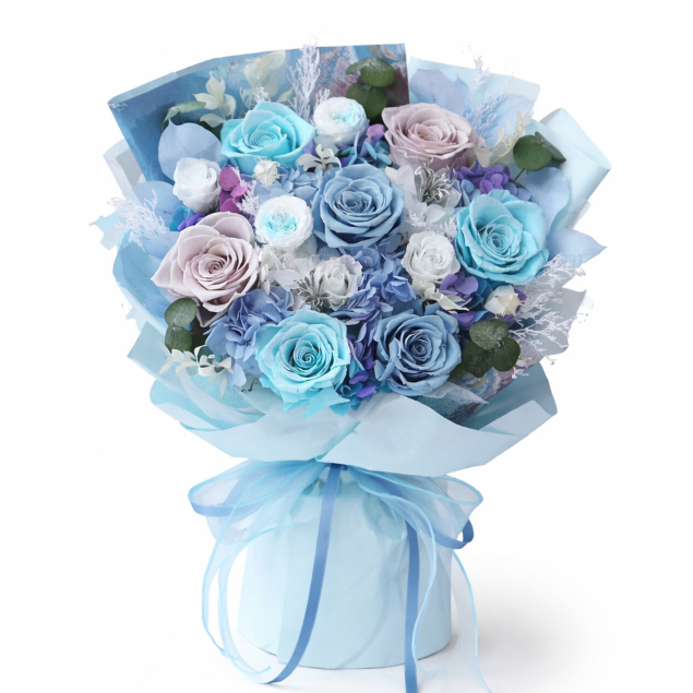 35cm12朵特級永生玫瑰花束（藍色）,純花束（無提袋／無燈串）