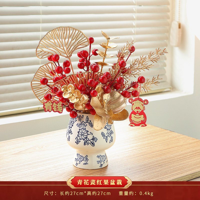 台灣現貨【發財紅果仿真盆栽】新年桌面花藝擺飾 金葉搭配 花器多款 客廳玄關櫃檯佈置 喬遷送禮