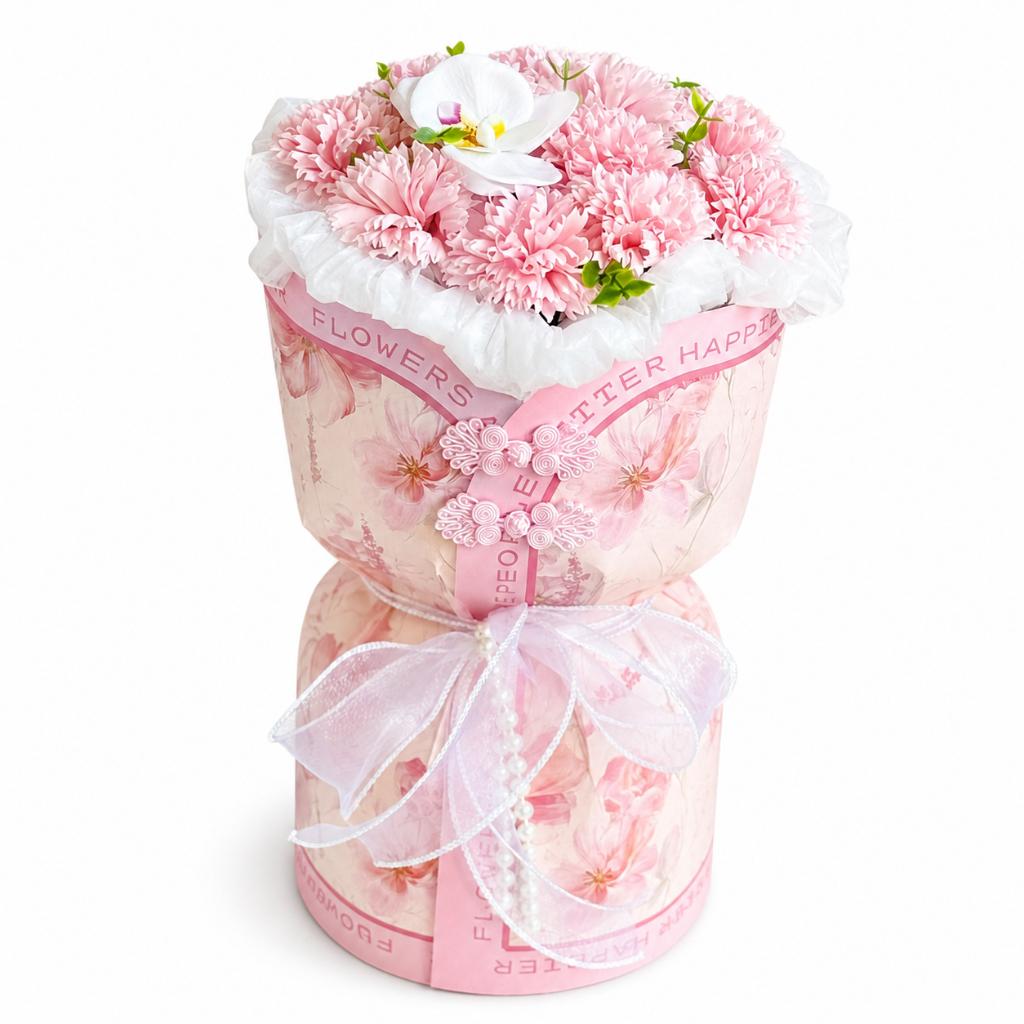 台灣現貨【歲月溫柔康乃馨】30cm粉色感謝花禮 母親節生日送禮 櫥窗提袋燈串可選 拍照打卡 桌面擺飾溫柔花束